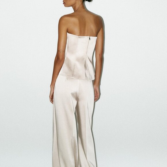 Zara Champagne color satin Pantsuit with bow detail Size XXL NWT - Picture 7 of 12